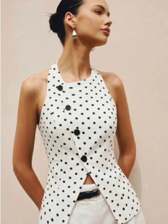 Commense Tops - Commense White Halter Polka Dot Button Front Top